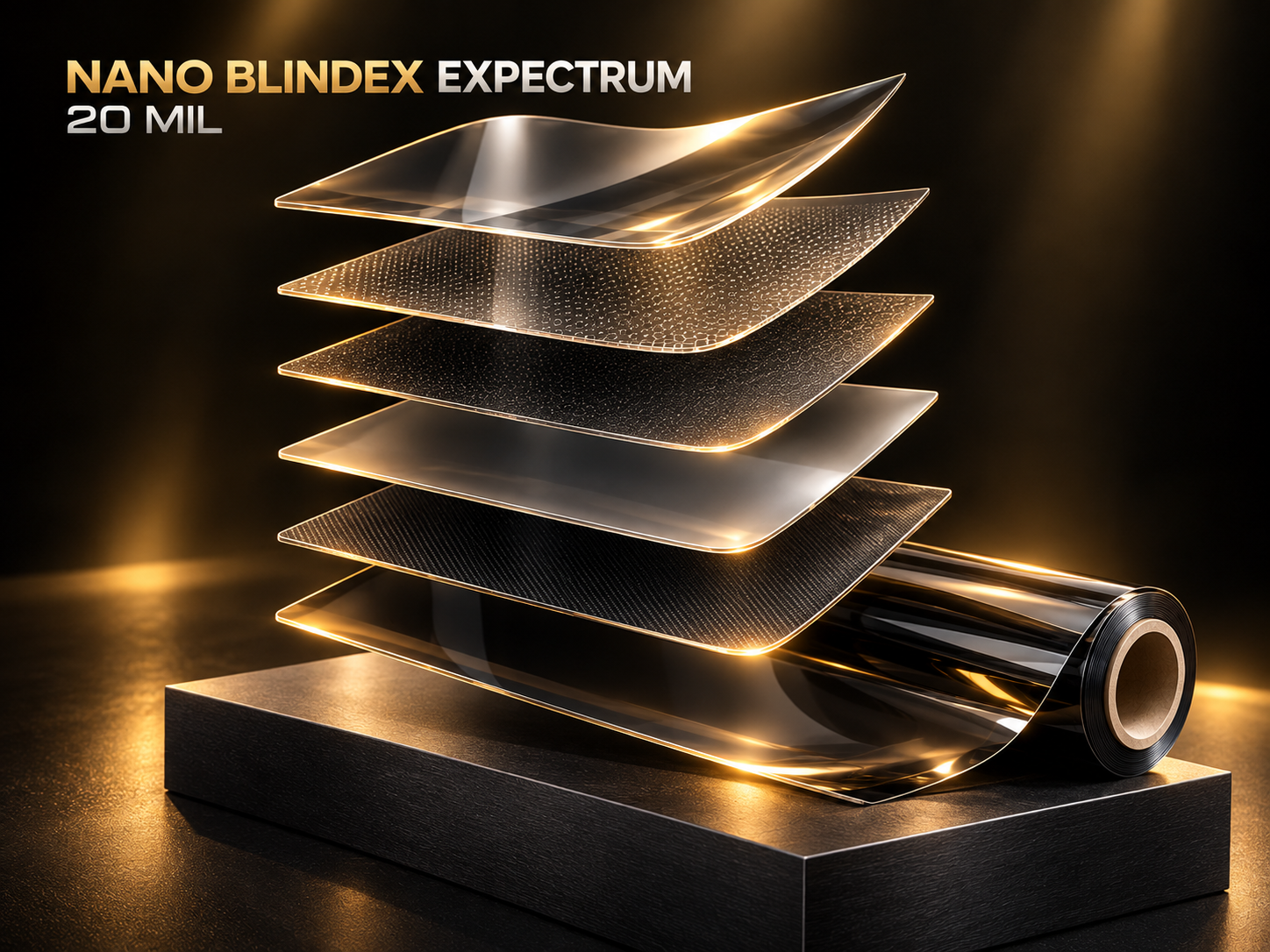 Ilustración conceptual de las seis capas de Nano Blindex Expectrum de 20 MIL, con láminas separadas y un rollo de película sobre fondo negro y dorado